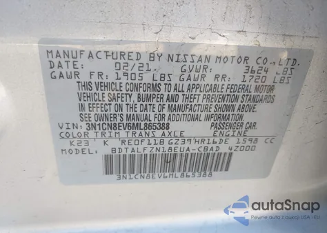 2021 Nissan Versa Sv Xtronic Cvt z USA, uszkodzony, nr VIN 3N1CN8EV6ML865388